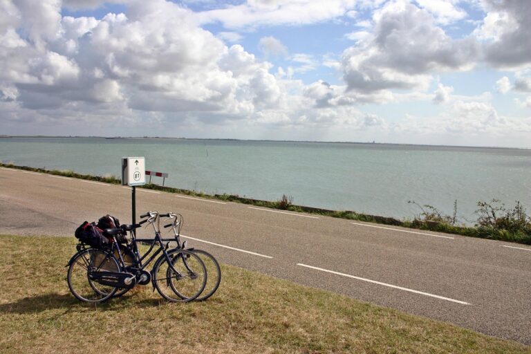 Zwei Fahrräder an einem Deichweg am Wasser in Zeeland unter bewölktem Himmel