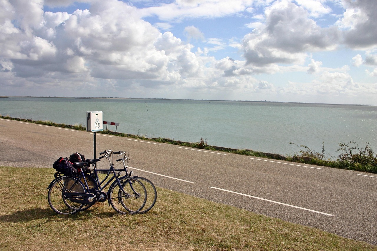 Zwei Fahrräder an einem Deichweg am Wasser in Zeeland unter bewölktem Himmel